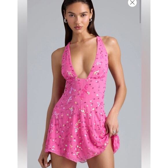 Oh Polly x Bratz Pink Luna Dress Size 4 Sequin Halter Backless Party MiniY2K - Picture 1 of 9